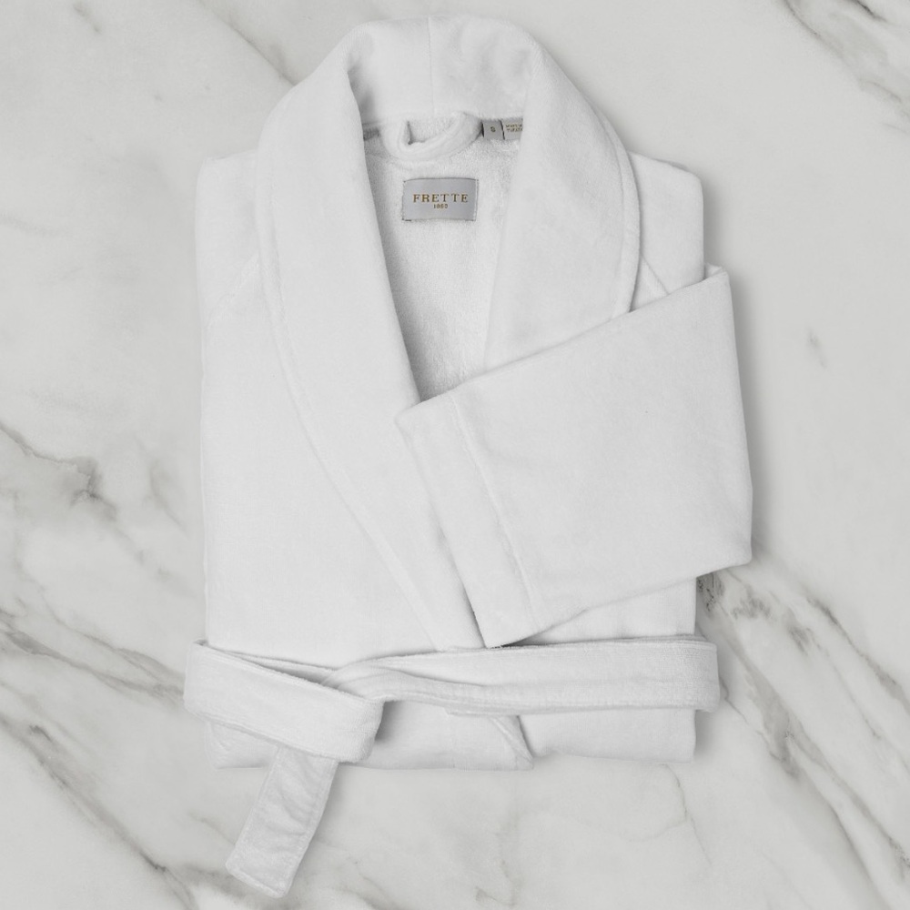 Frette Elegant Velour Shawl collar White BATH ROBE cotton pockets belt large